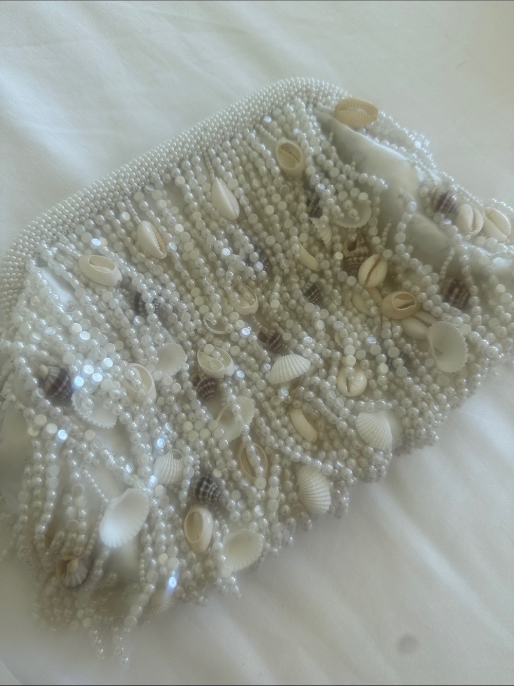 Celandine Beaded Shell Fringe Chain Shoulder Clutch Cream - Picture 10 of 10